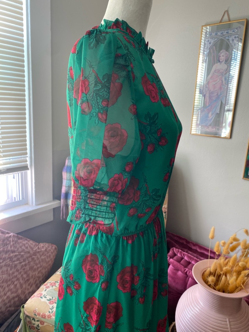 Betsey Johnson Green Maxi Dress with Pink Rose Print - Picture 12 of 12
